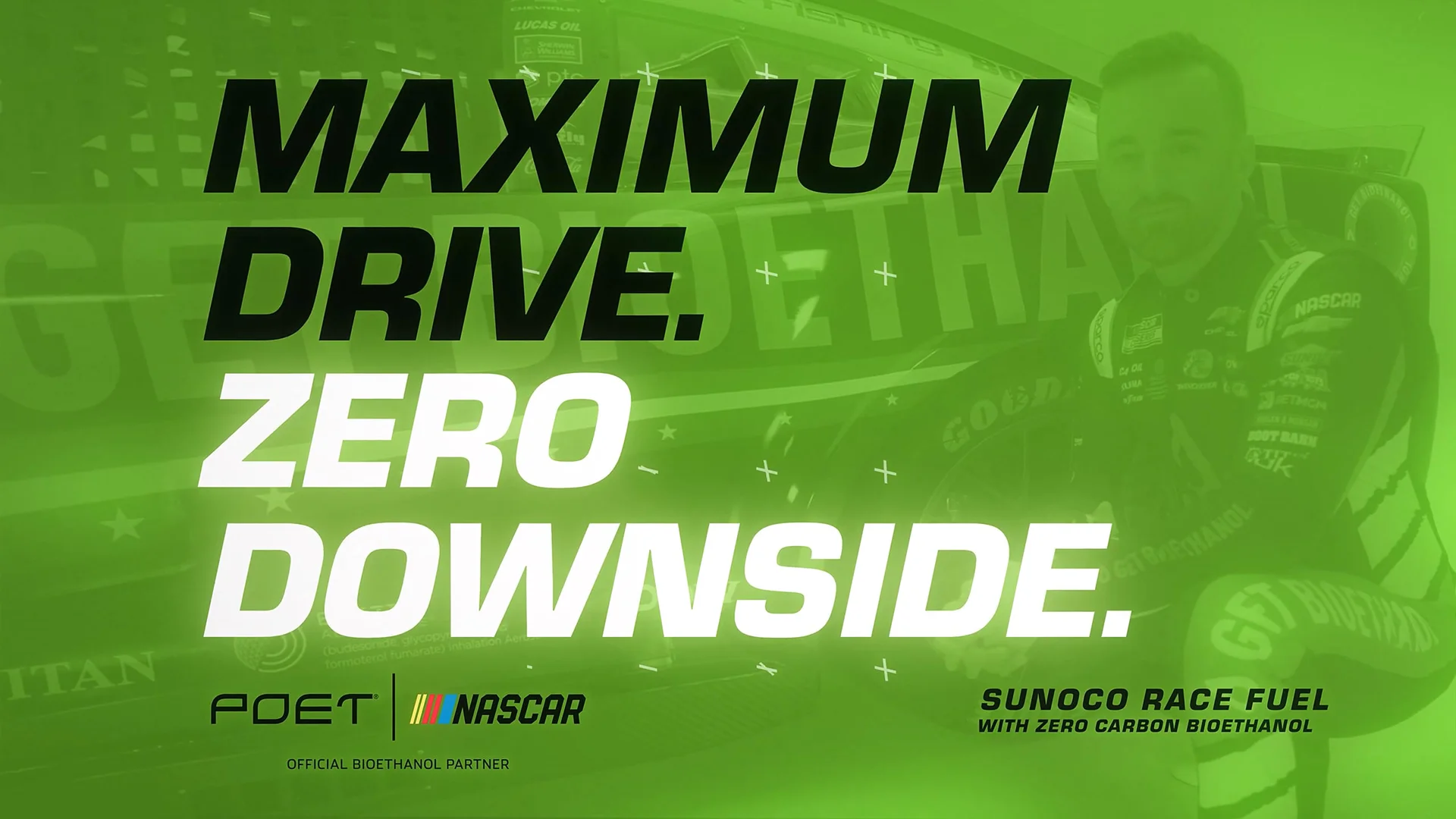 Green-tinted image with man in racing suit beside a car and text Maximum Drive Zero Downside.