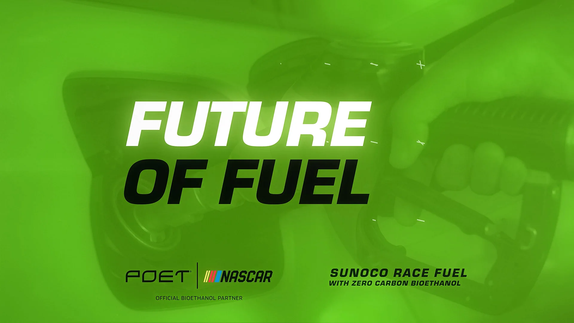 Green-tinted image of a hand holding a fuel nozzle with text: Future of Fuel and logos of POET and NASCAR.