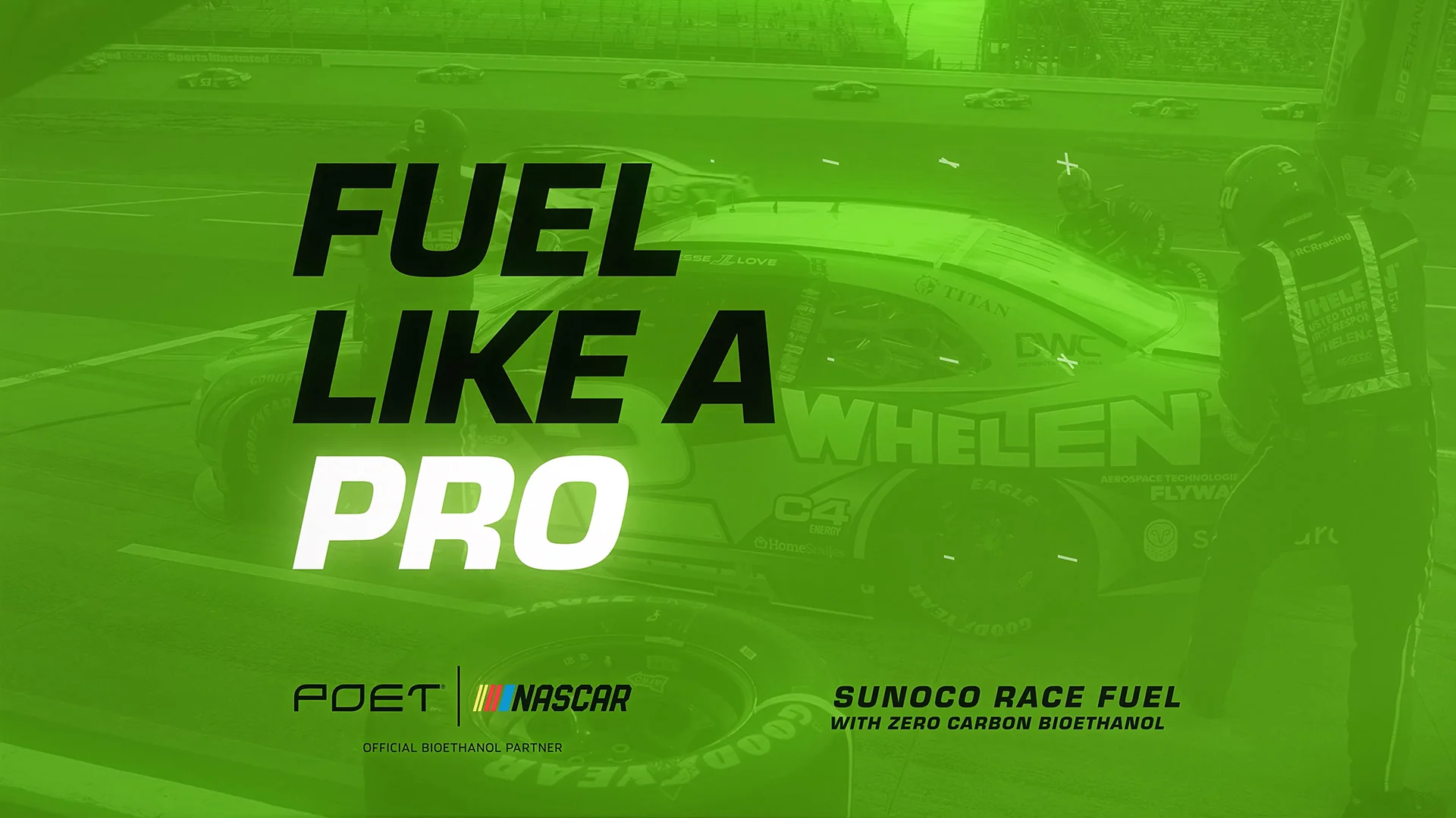 NASCAR race car and crew at pit stop with text 'Fuel Like a Pro' overlaid in green.