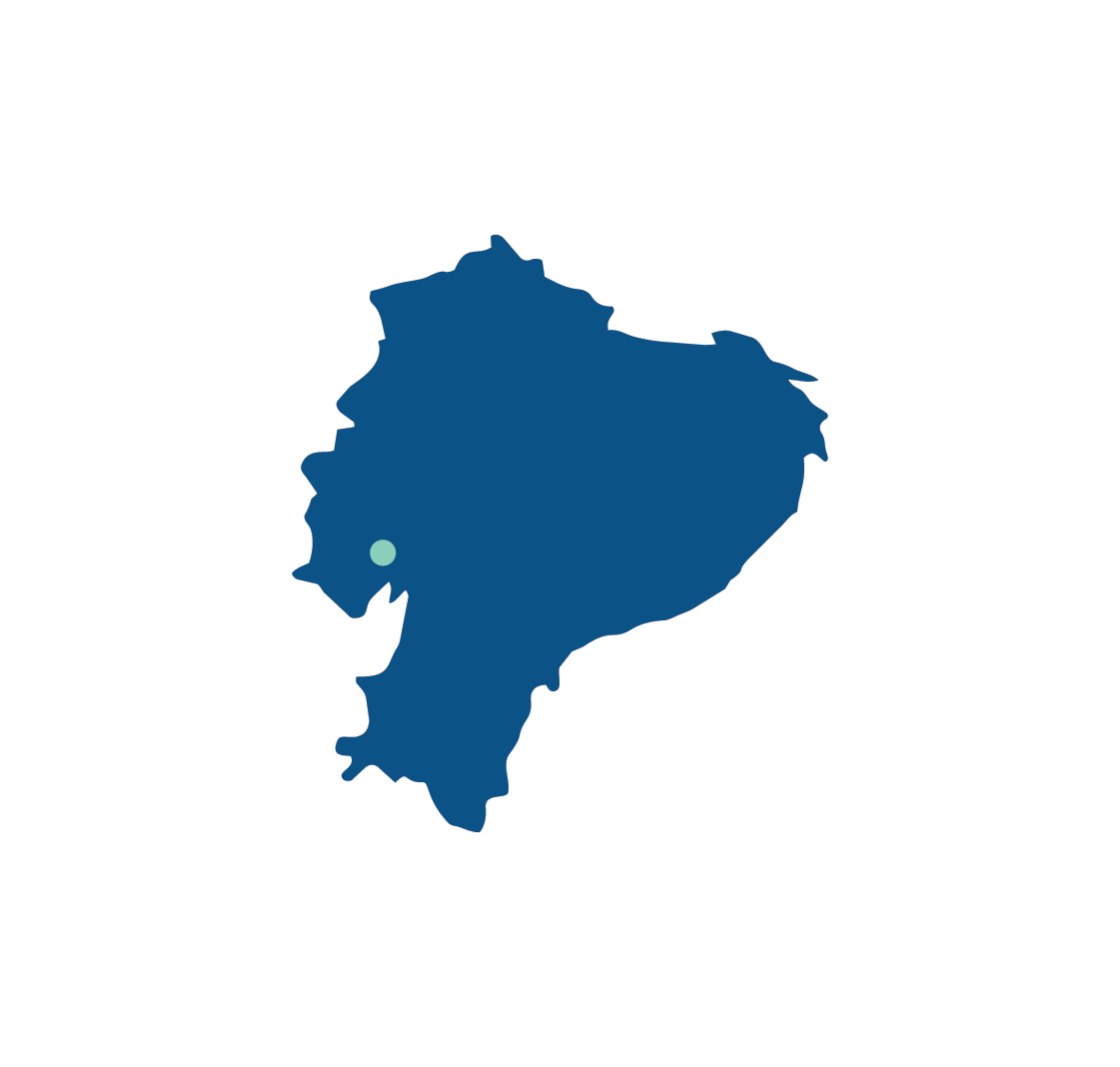 Blue silhouette map of Ecuador with a light blue dot marking a location on the west-central coast.