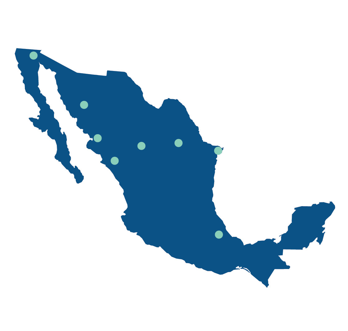 Map of Mexico marked with eight light green dots indicating specific locations across the country.