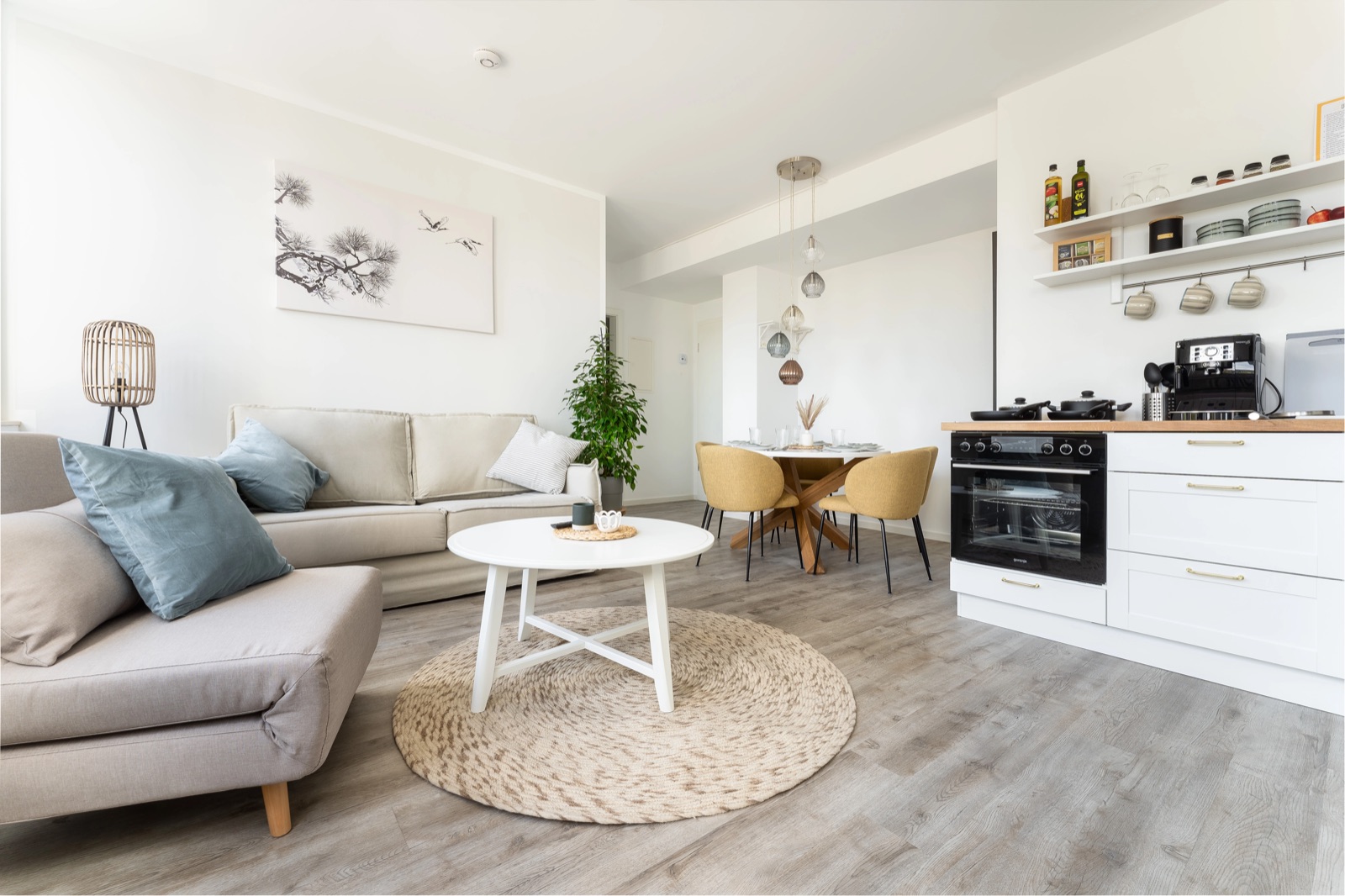 Offenes Studio mit Sofa, Esstisch und Küchenzeile, Himmelsstürmer Apartments Kassel