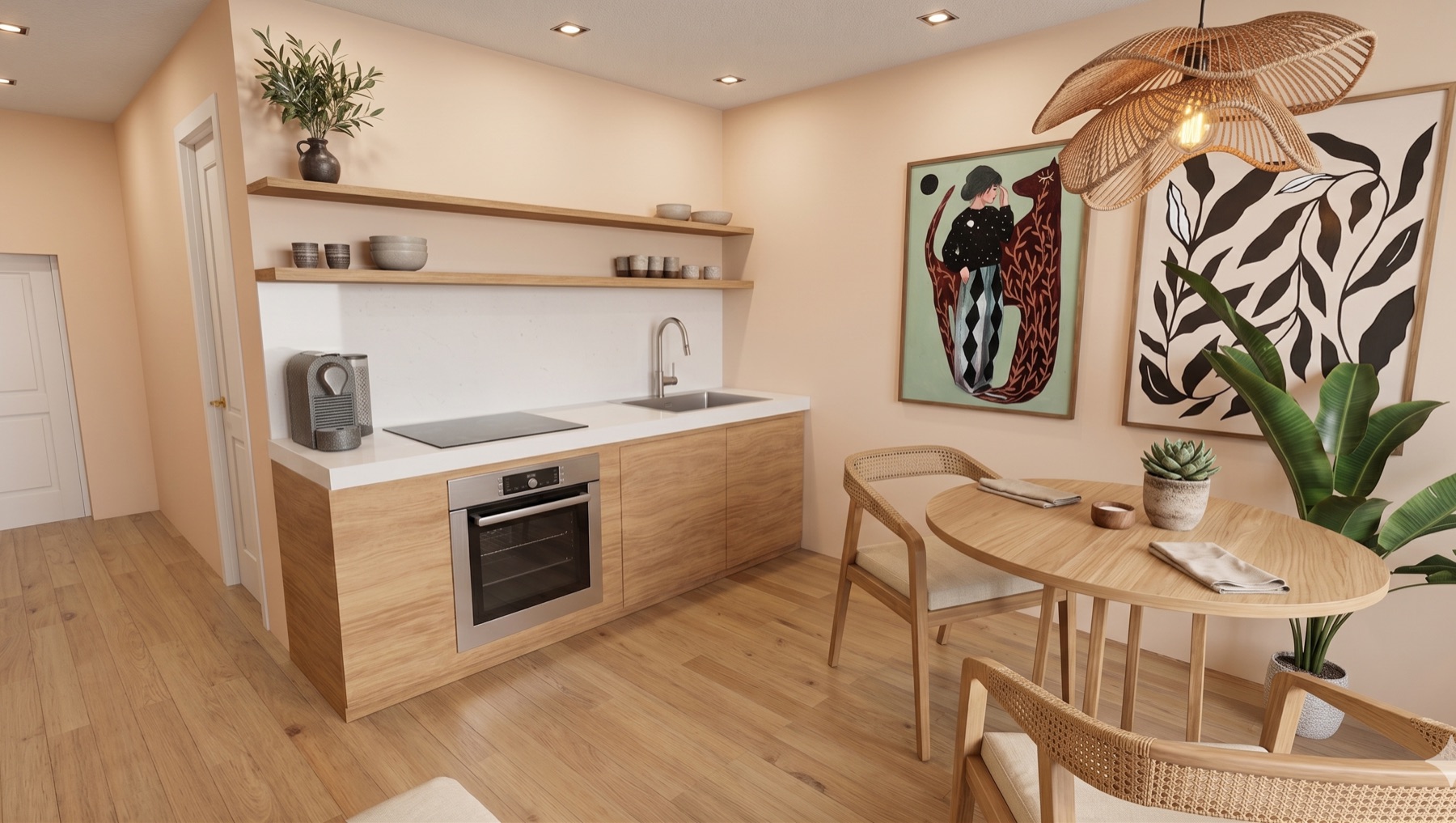 Visualisierung (KI-generiert): Küchenzeile eines Apartments im Marktquartier Kassel