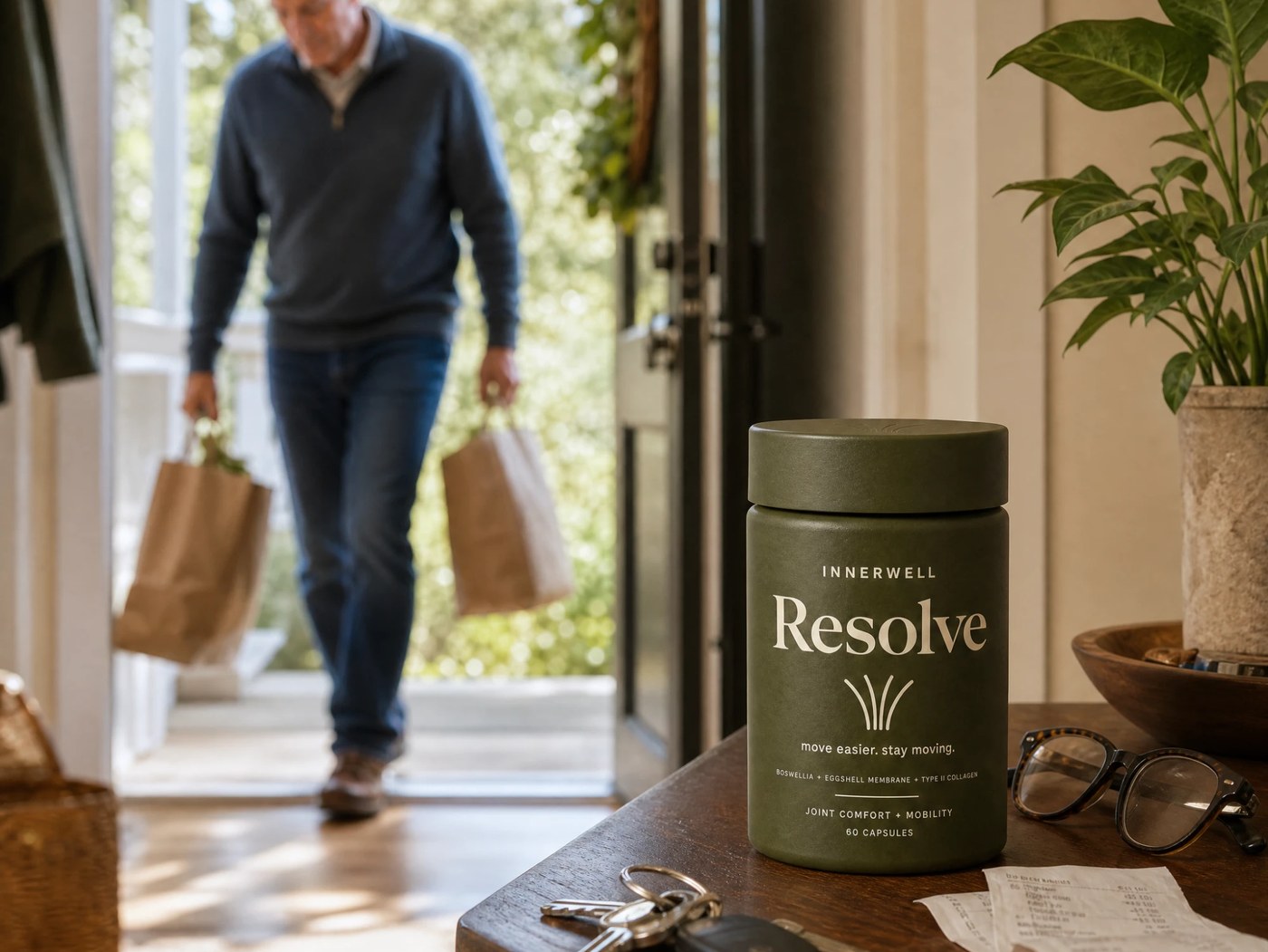Resolve on the hallway table as a customer arrives home with shopping