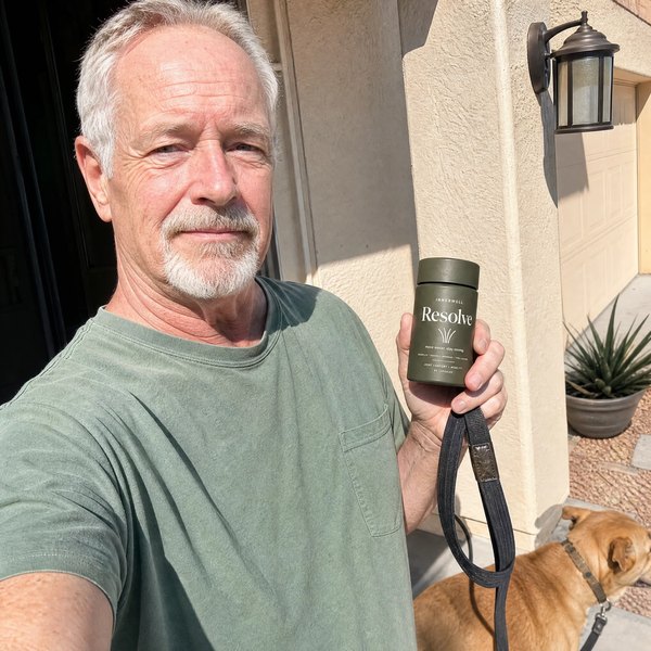 Dennis Parker outside with his dog holding InnerWell Resolve