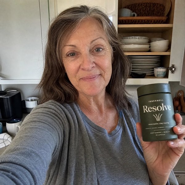 Susan Reynolds by her kitchen cupboard holding InnerWell Resolve