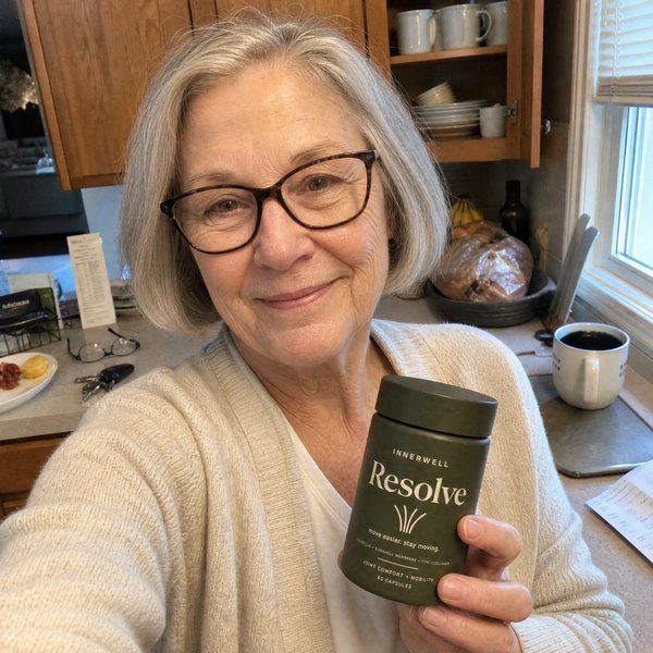 Patricia Collins in her kitchen holding InnerWell Resolve