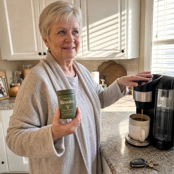 Linda Harris in her kitchen holding InnerWell Resolve