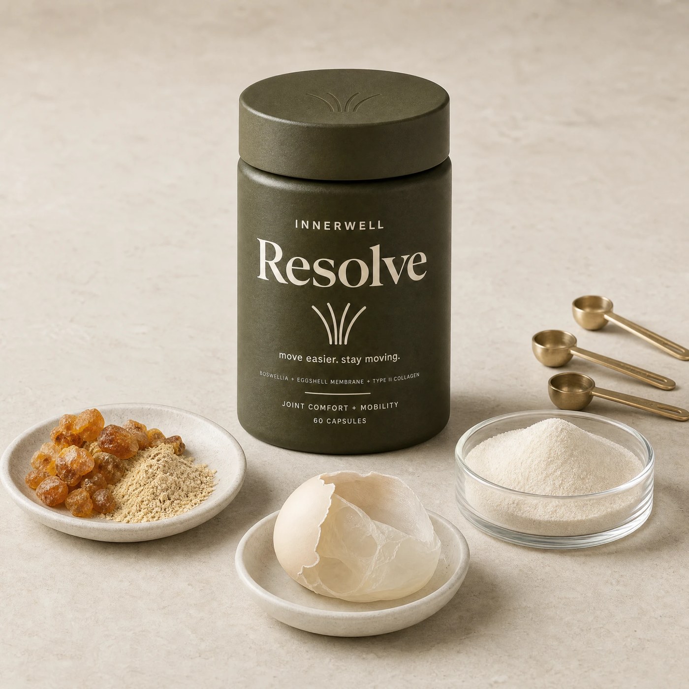Resolve beside its three ingredients: boswellia resin, eggshell membrane and type II collagen