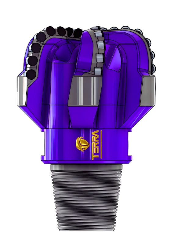 Close-up of a purple Terra branded pdc drill bit for water well drilling. 