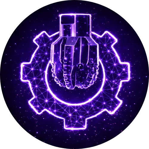 Glowing purple digital illustration of a gear with an industrial drill bit in the center against a dark starry background.