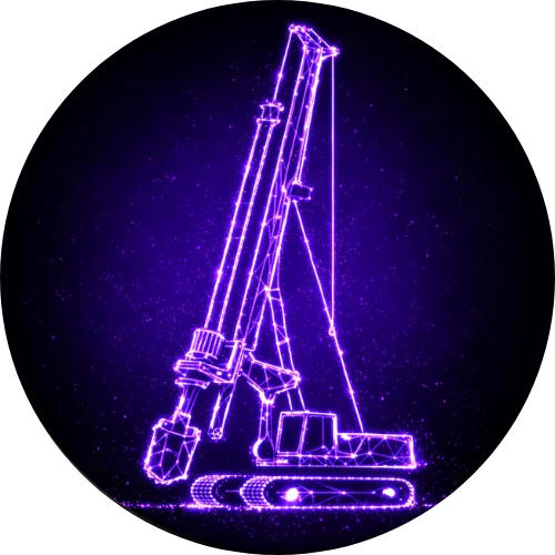 Glowing purple digital wireframe of a tracked drilling rig against a dark background.