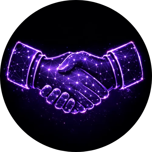 Digital glowing purple handshake made of connected dots and lines on a black background.