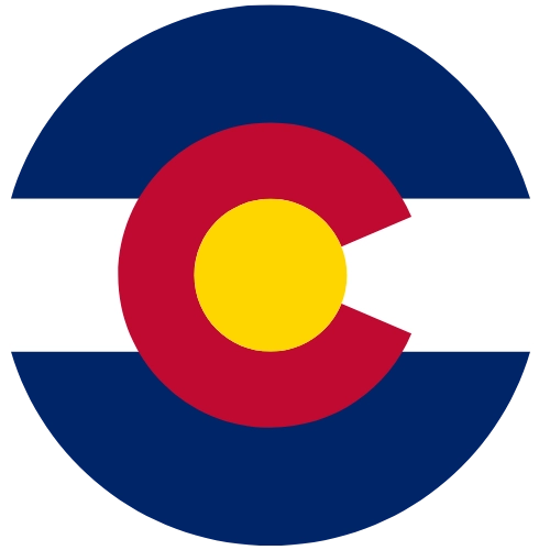 Round icon of the Colorado state flag with blue and white stripes and a red C with a yellow center.