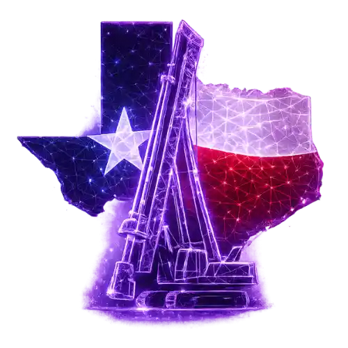 Digital illustration of Texas state shape filled with the Texas flag colors and a drilling rig in front.