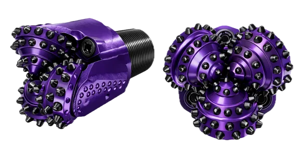 Purple Terra branded pdc drill bit with multiple cutting teeth and a threaded metal connector.