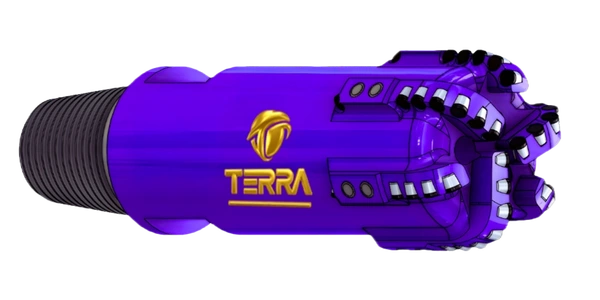 Purple Terra pdc drill bit with threaded base and cutting elements along the edge.