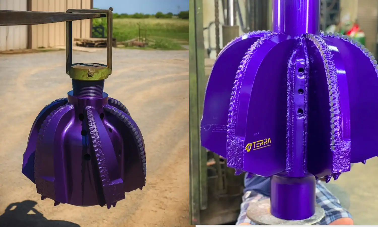 TERRA tricone drill bits in metallic purple finish stacked on pallet, premium HDD rock drilling tools