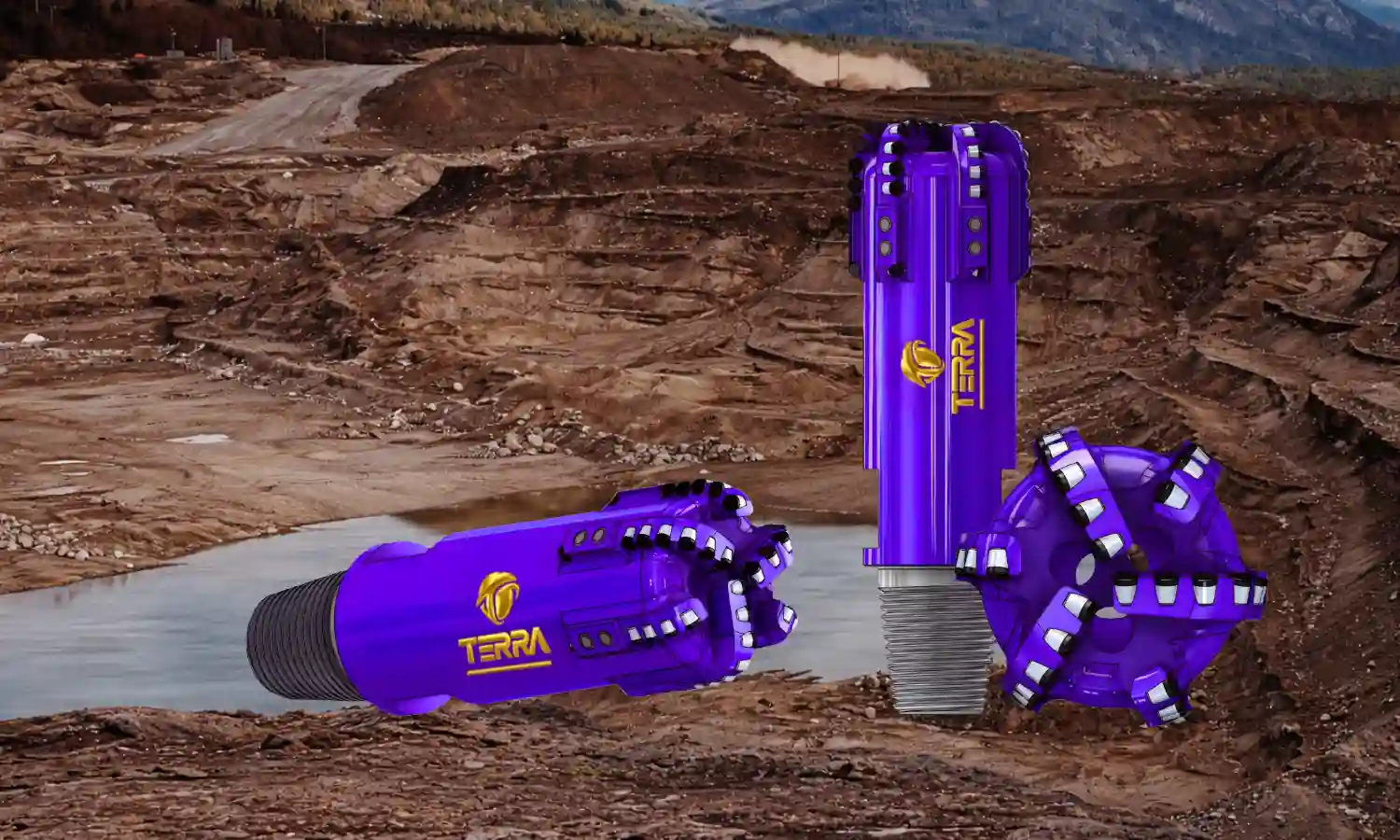 TERRA tricone drill bits in metallic purple finish stacked on pallet, premium HDD rock drilling tools
