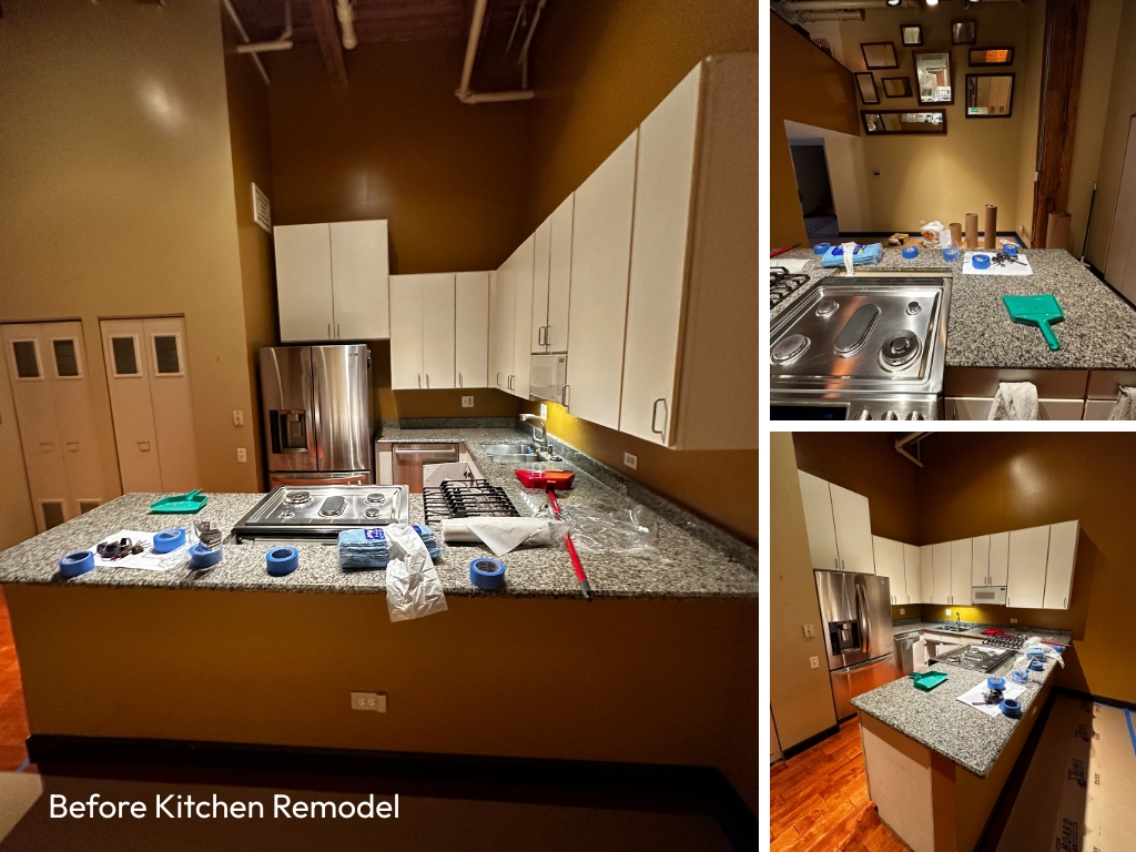 Before photo of outdated kitchen in South Loop Chicago loft prior to remodeling 
