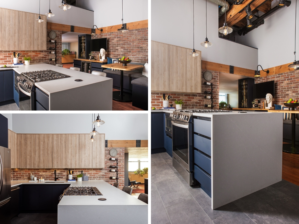 Custom kitchen cabinetry complementing exposed brick and timber in renovated South Loop loft Chicago