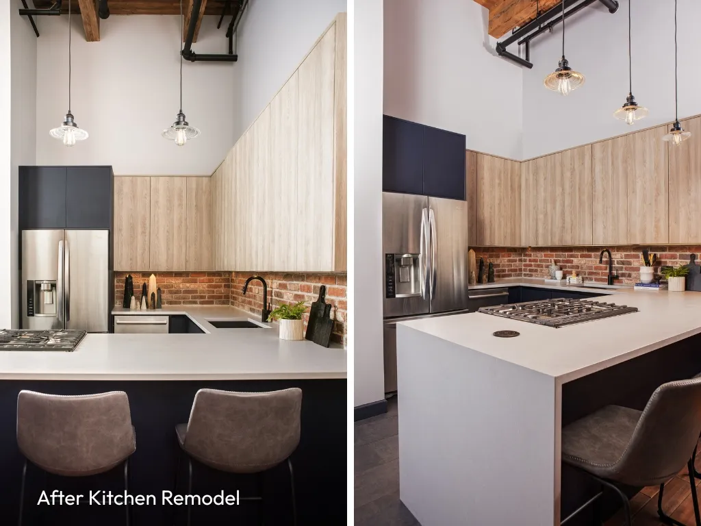 Modern industrial kitchen remodeling in South Loop Chicago loft with custom cabinets and brick backsplash by Wood Contracting 