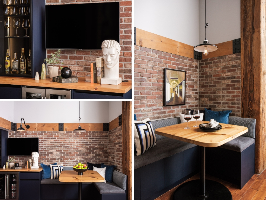 Chicago kitchen renovation featuring built-in booth seating and peninsula with storage in South Loop loft 