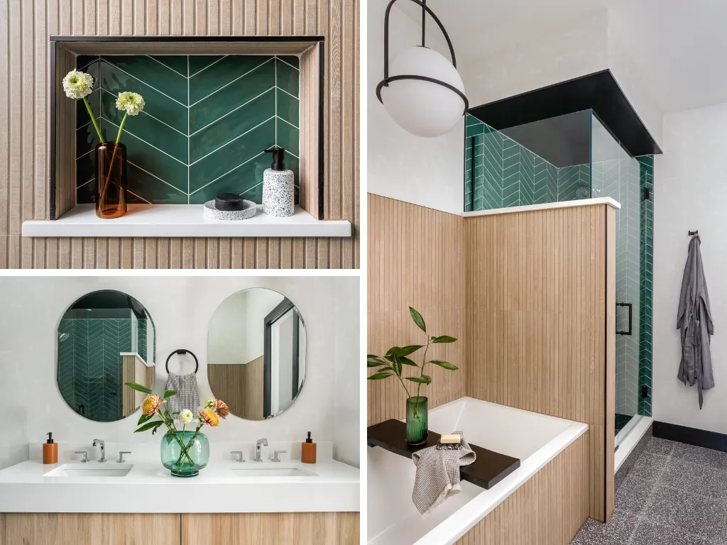 Modern bathroom remodel in a South Loop Chicago townhome showcasing a green herringbone tile shower with glass enclosure and custom built-in niche.
