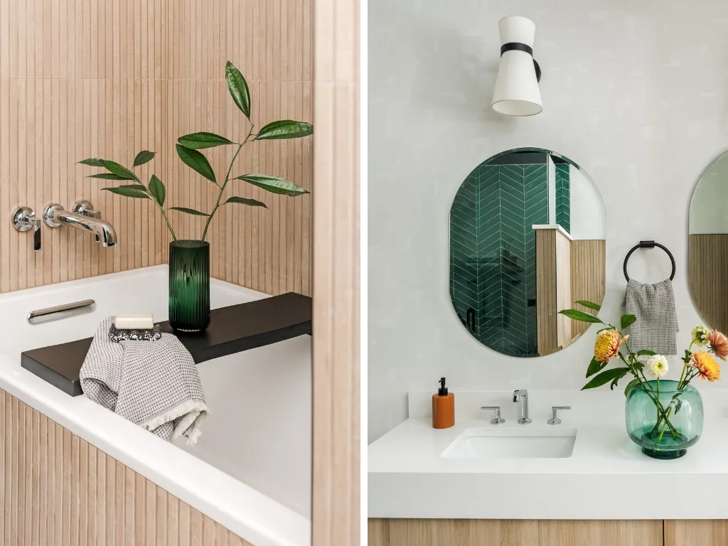 Spa-inspired bathroom remodel in a Chicago townhome with vertical wood-look tile, custom soaking tub, and modern walk-in shower design.