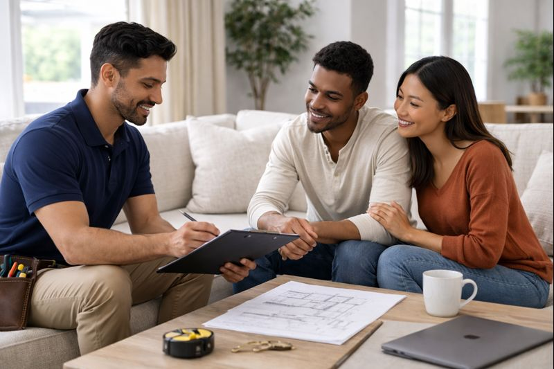 Wood Contracting in-home consultation with a couple