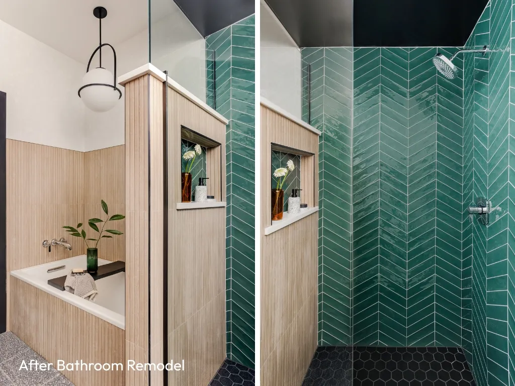 Modern herringbone green tile bathroom in South Loop Chicago