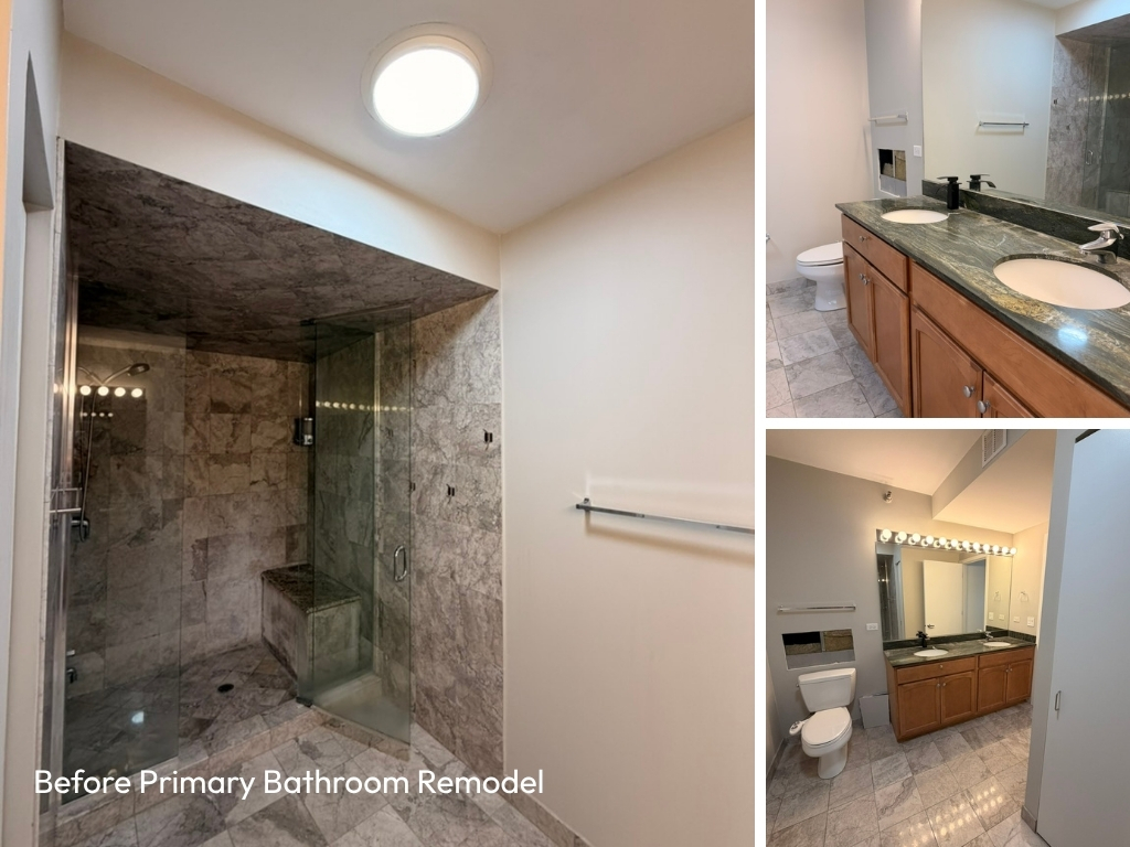 Collage of before pics of a dated bathroom in South Loop Chicago
