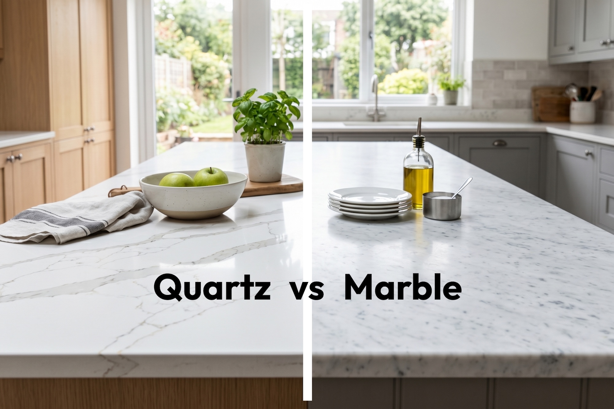 Comparison image of a quartz countertop kitchen versus a marble countertop kitchen
