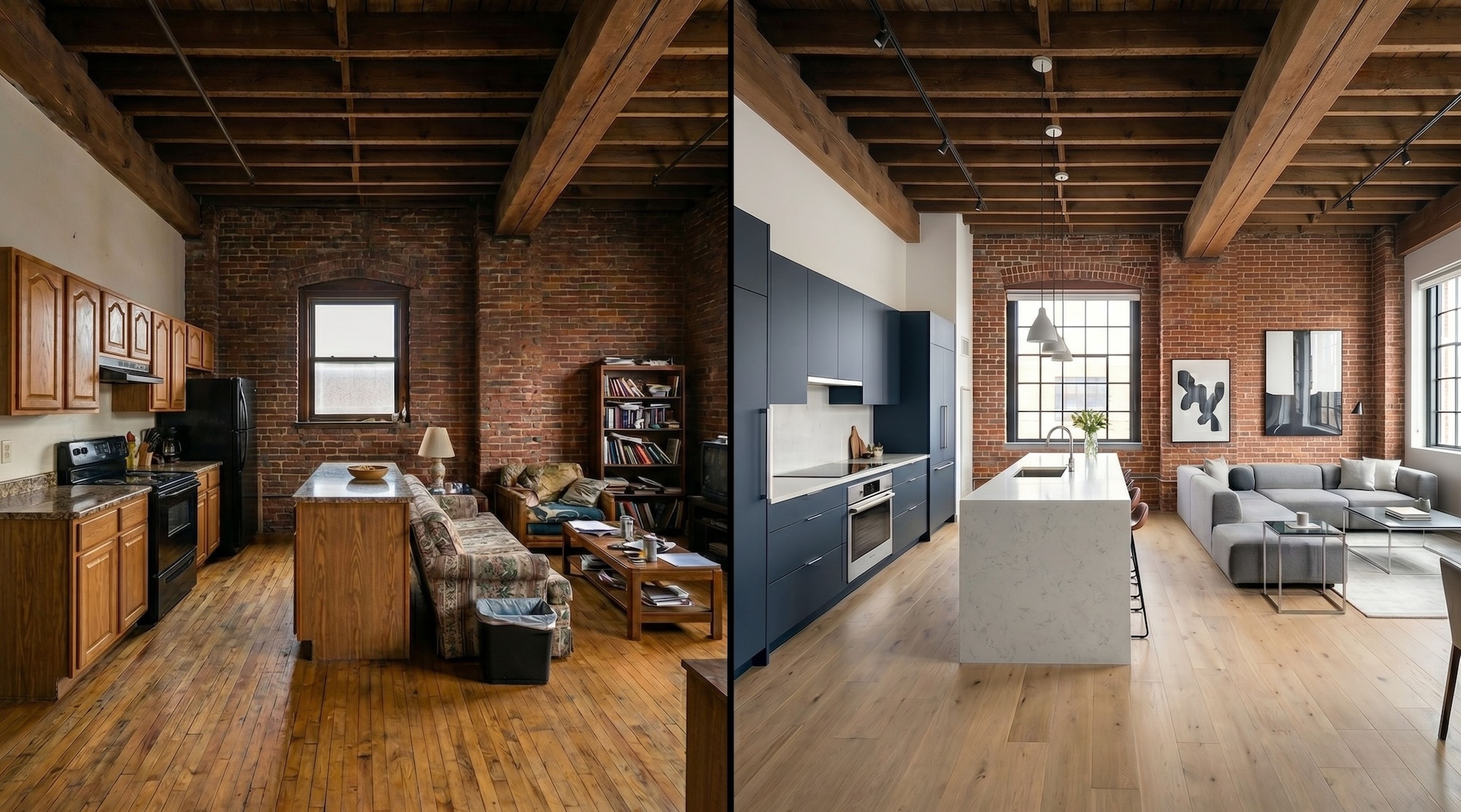 Split image showing a before and after remodel of a downtown Chicago loft condp