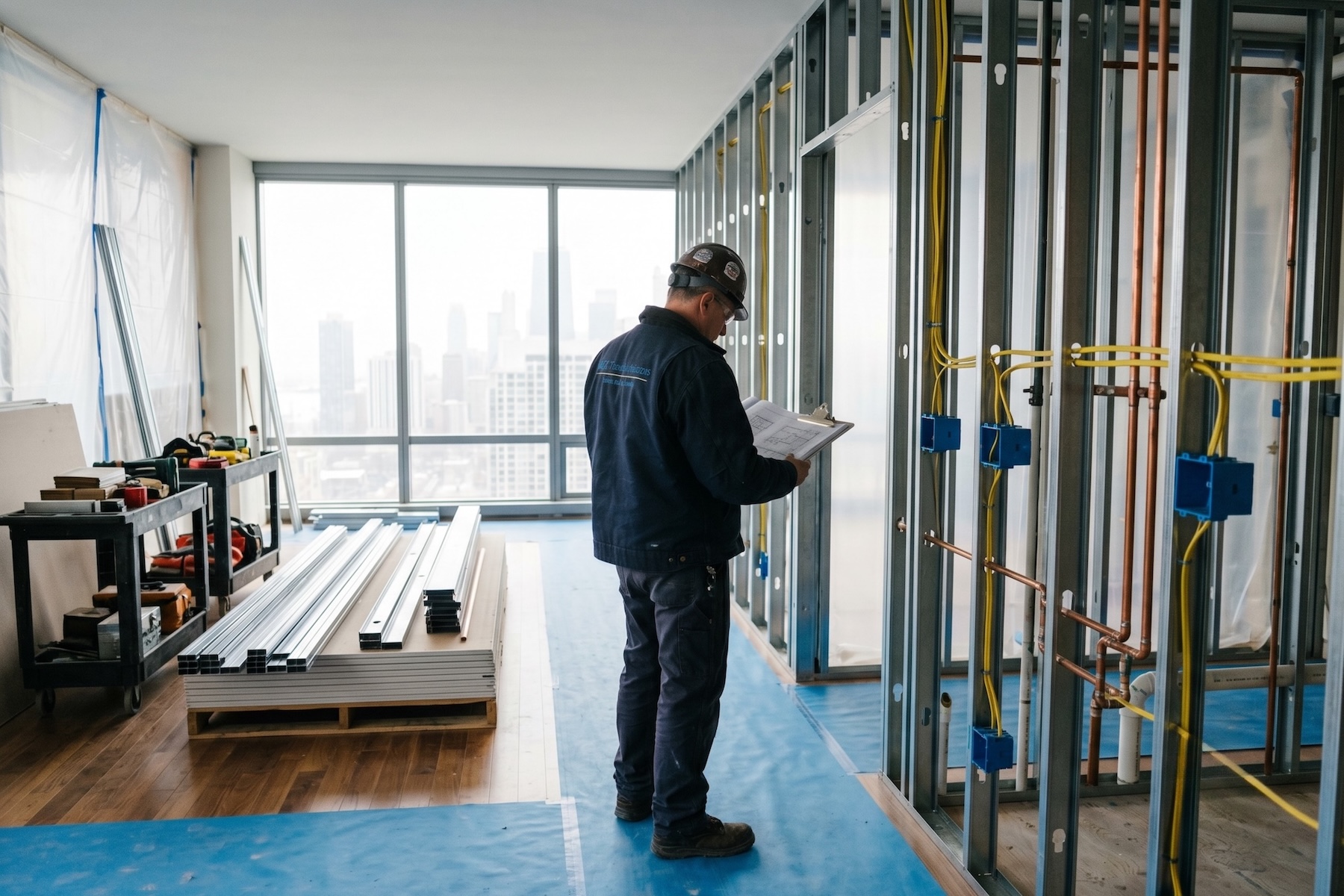 photograph of an active high-end residential remodel job site in a Chicago condo, mid-construction, showing Wood Contracting professional coordination across trades. 