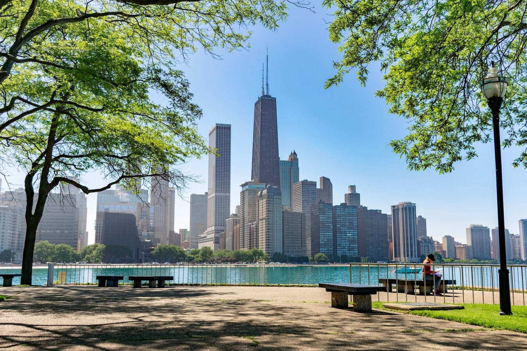 View of John Hancock building and Oak Street beach in Chicago