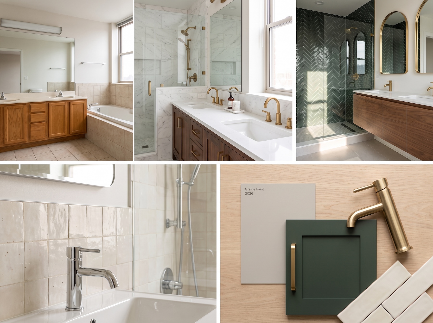 A grid of different Chicago bathrooms showing different color trends in 2026 and before and after remodels