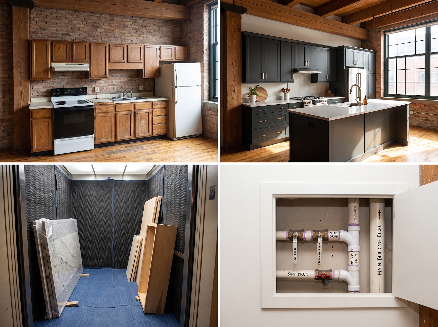 A grid of images showing a Chicago kitchen condo remodel with before and after images, elevator loading, and building stack plumbing