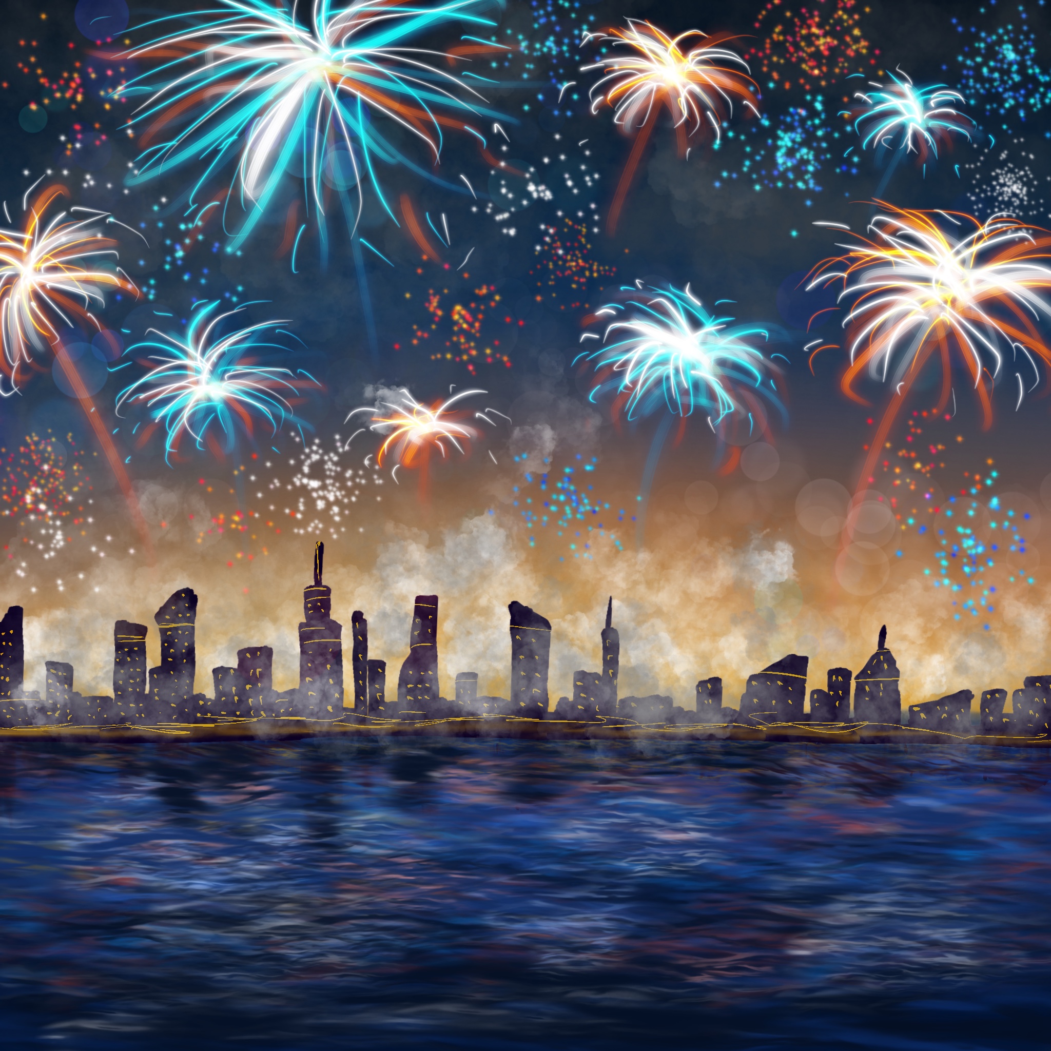 Illustration of fireworks going off in a city scape.