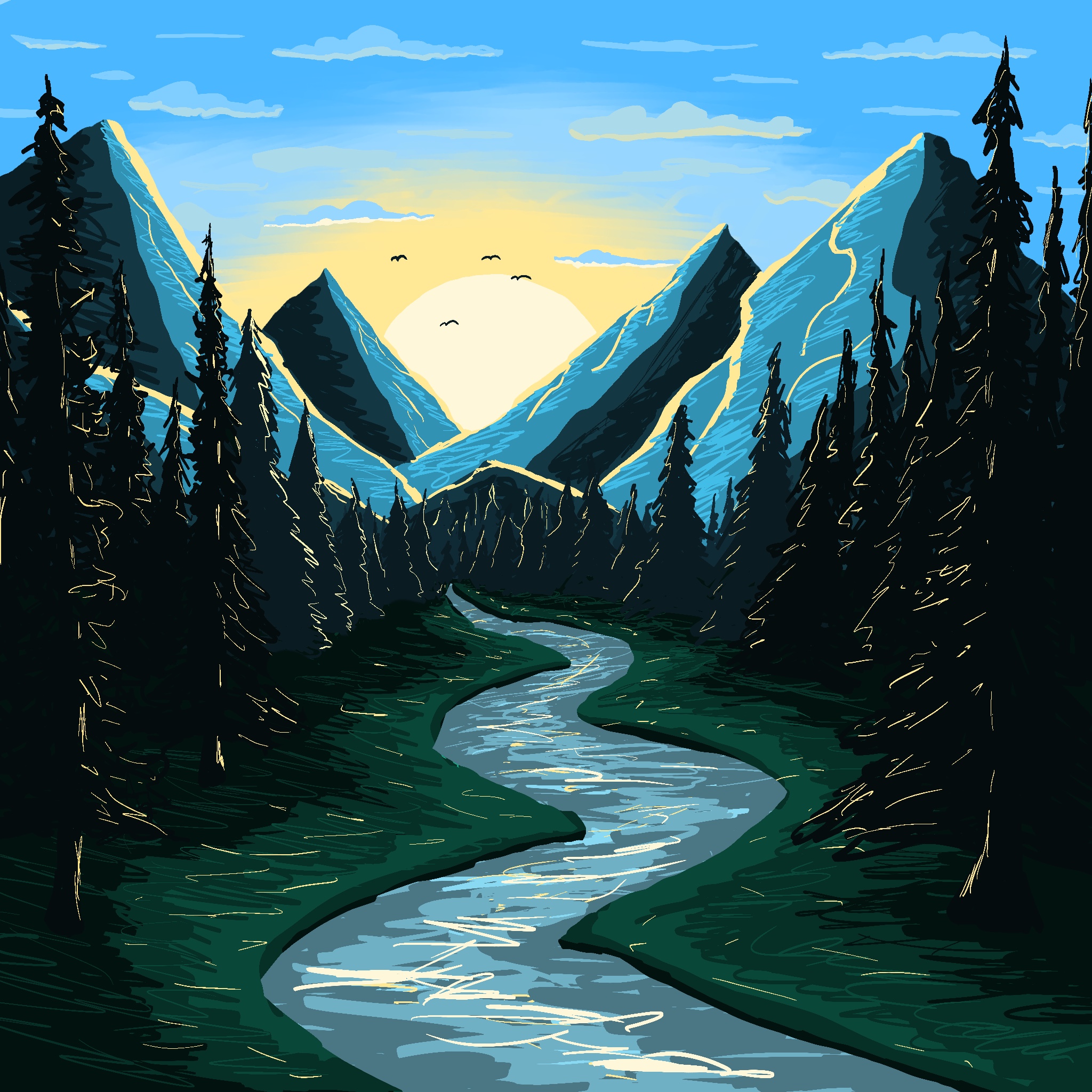 Illustration of a sunny landscape.