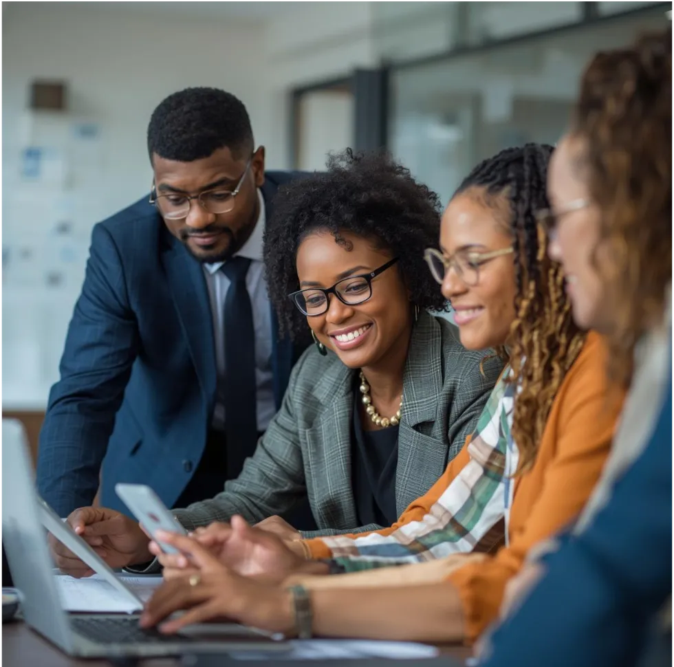 a group of people working together smiling.