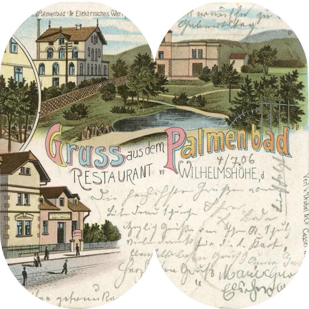 Historische Gruss-aus-dem-Palmenbad Postkarte Wilhelmshöhe Kassel