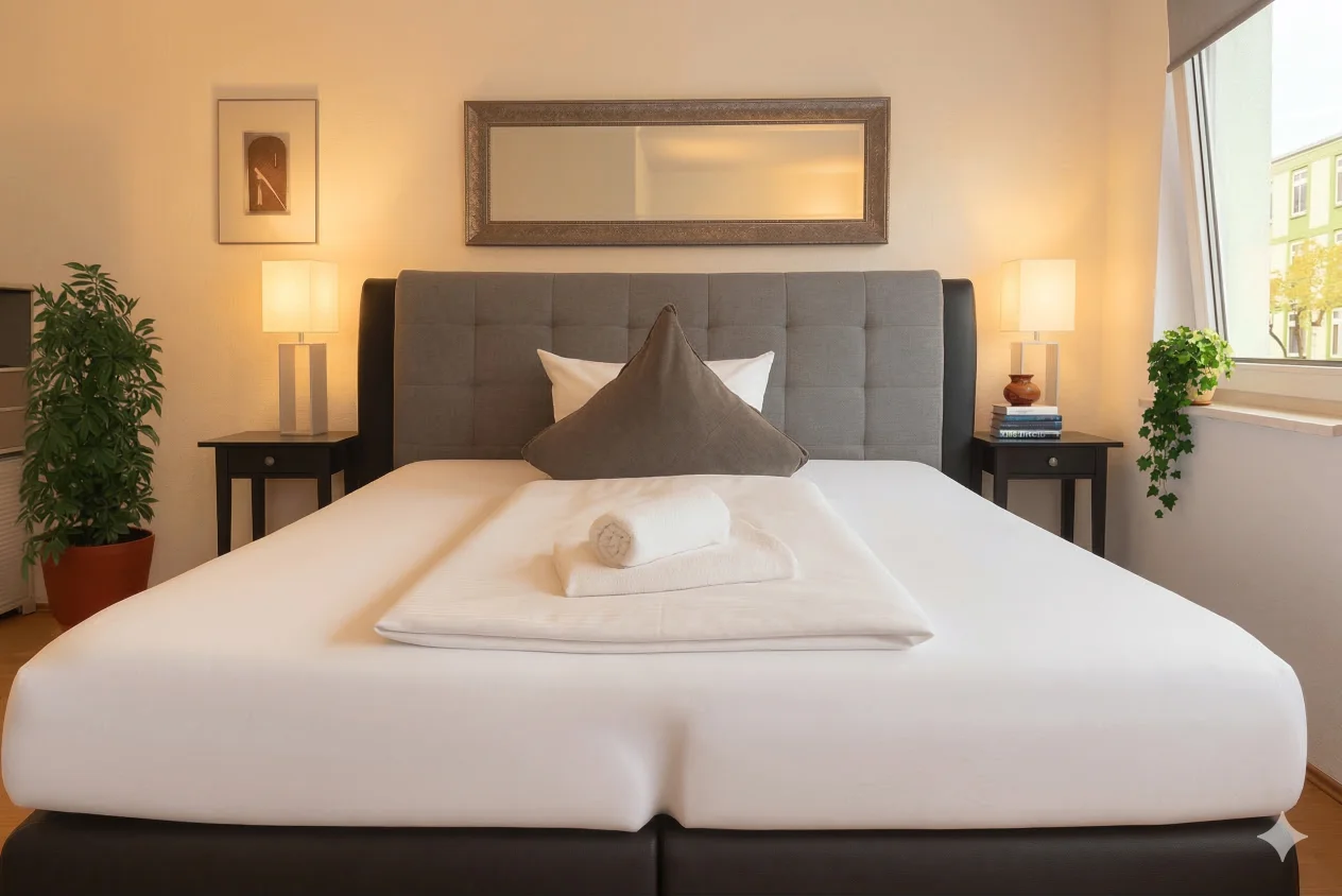 Doppelbett mit Nachttischlampen, Spiegel und Zimmerpflanzen im stay awesome Boardinghaus Kassel.