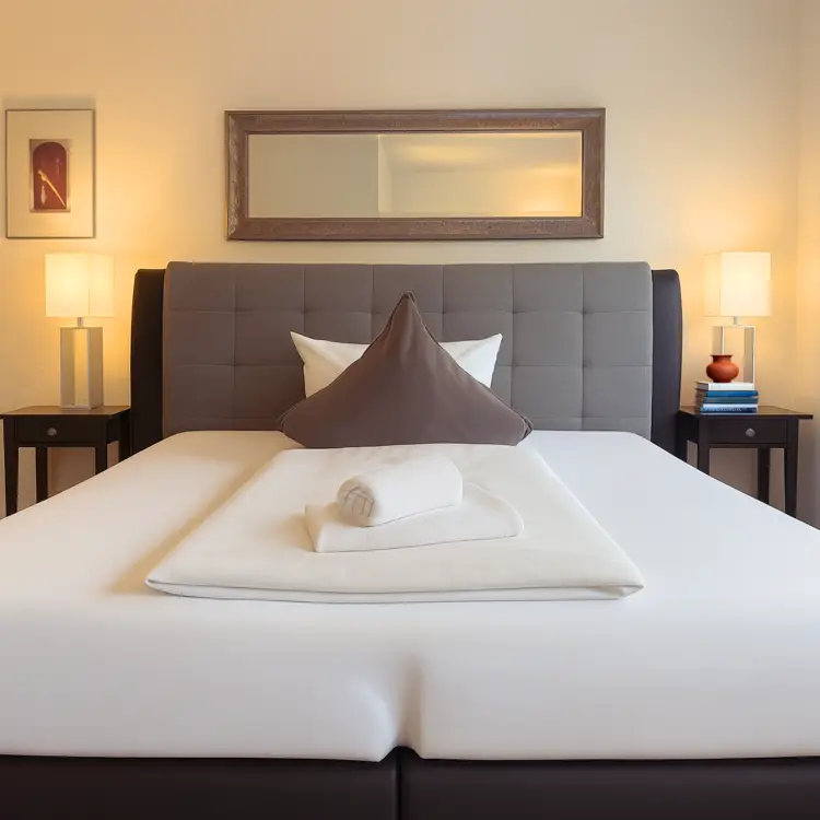 Gemachtes Doppelbett mit Nachttischlampen und Wandspiegel im stay awesome Boardinghaus Kassel.