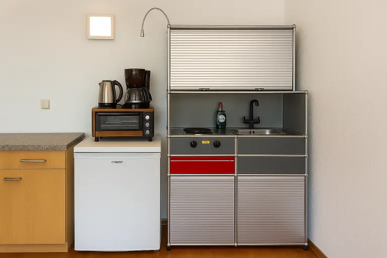 Ausgestattete Studio-Küche im stay awesome Boardinghaus Kassel mit Kochfeld, Spüle, Geschirr und Kühlschrank.