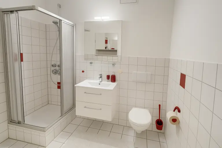 Helles Bad im stay awesome Boardinghaus Kassel mit Waschtisch, Spiegel, Glasdusche und WC.