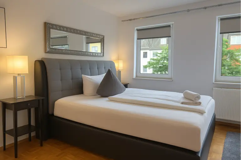 Helles Schlafzimmer im stay awesome Boardinghaus Kassel mit Doppelbett, Spiegel und zwei Fenstern.