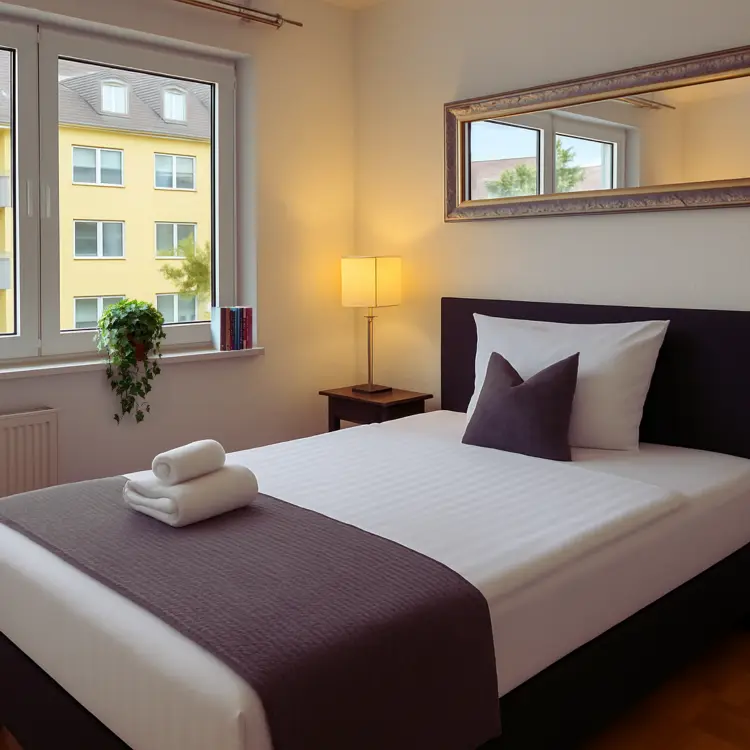 Zimmer im Boardinghaus Kassel mit Bett, Handtüchern, Nachttischlampe und Blick auf Nachbarhaus.