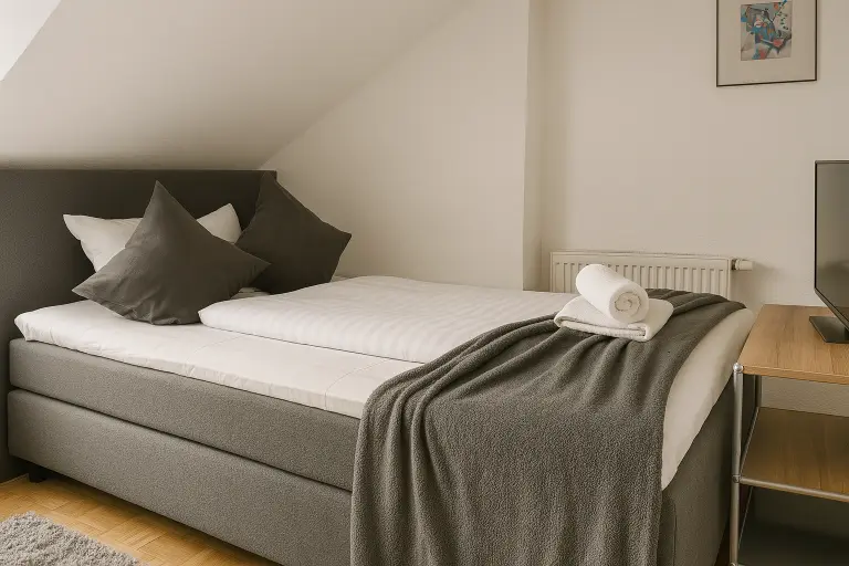 Boxspringbett mit weißer Bettwäsche und Handtüchern im Studio des stay awesome Boardinghaus Kassel.
