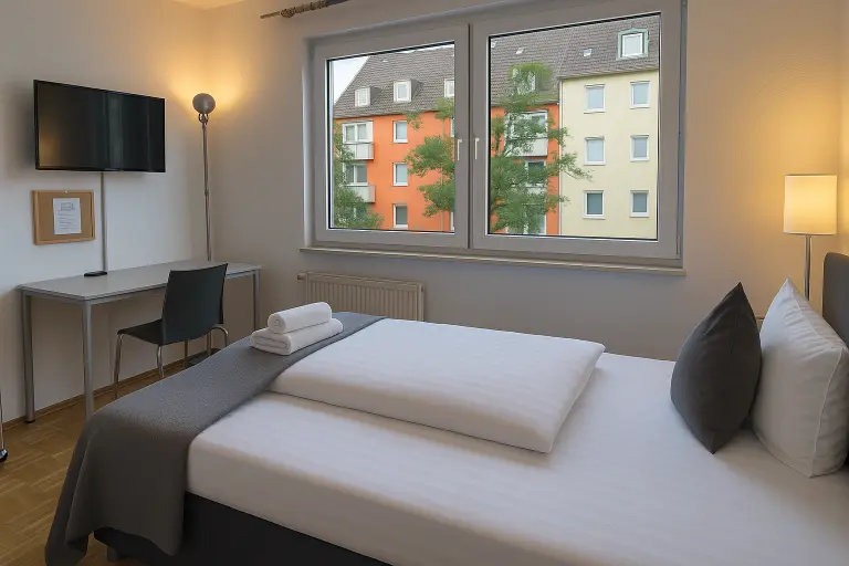 Helles Studio im Boardinghaus Kassel mit Doppelbett, Schreibtisch, TV und Blick auf Nachbarhäuser.